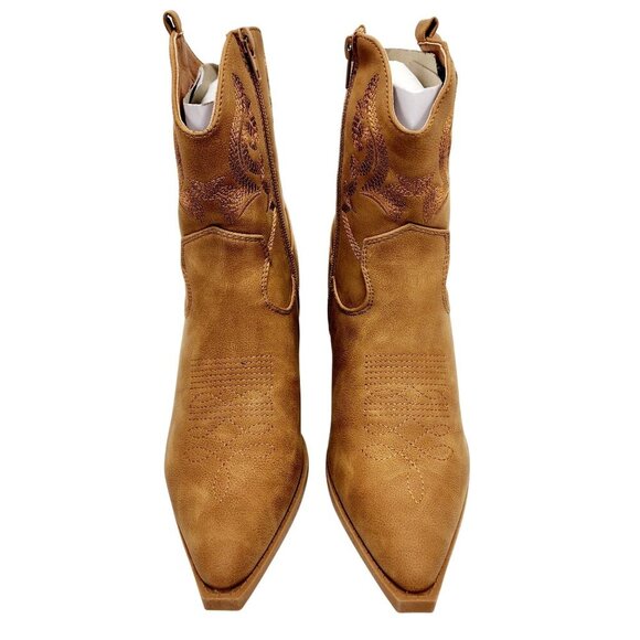 Womens Western Style Tan Ankle Boots With Embroidery & Block Heel Size 7 - Picture 5 of 11